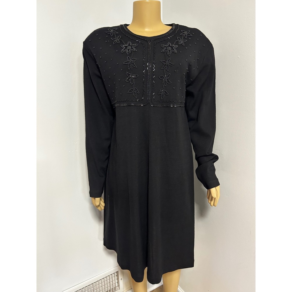 Liz Claiborne Black Beaded Floral Long Sleeve Wool Blend Knit SWEATER Dress XL